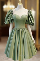 A Line Green Puffy Sleeve Satin Short Semi Formal Prom Dress Homecoming Dress